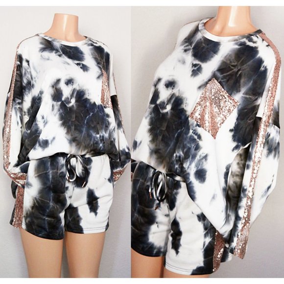 NEW Tie Dye Sequins French Terry Lounge 2pc Set - Picture 3 of 11